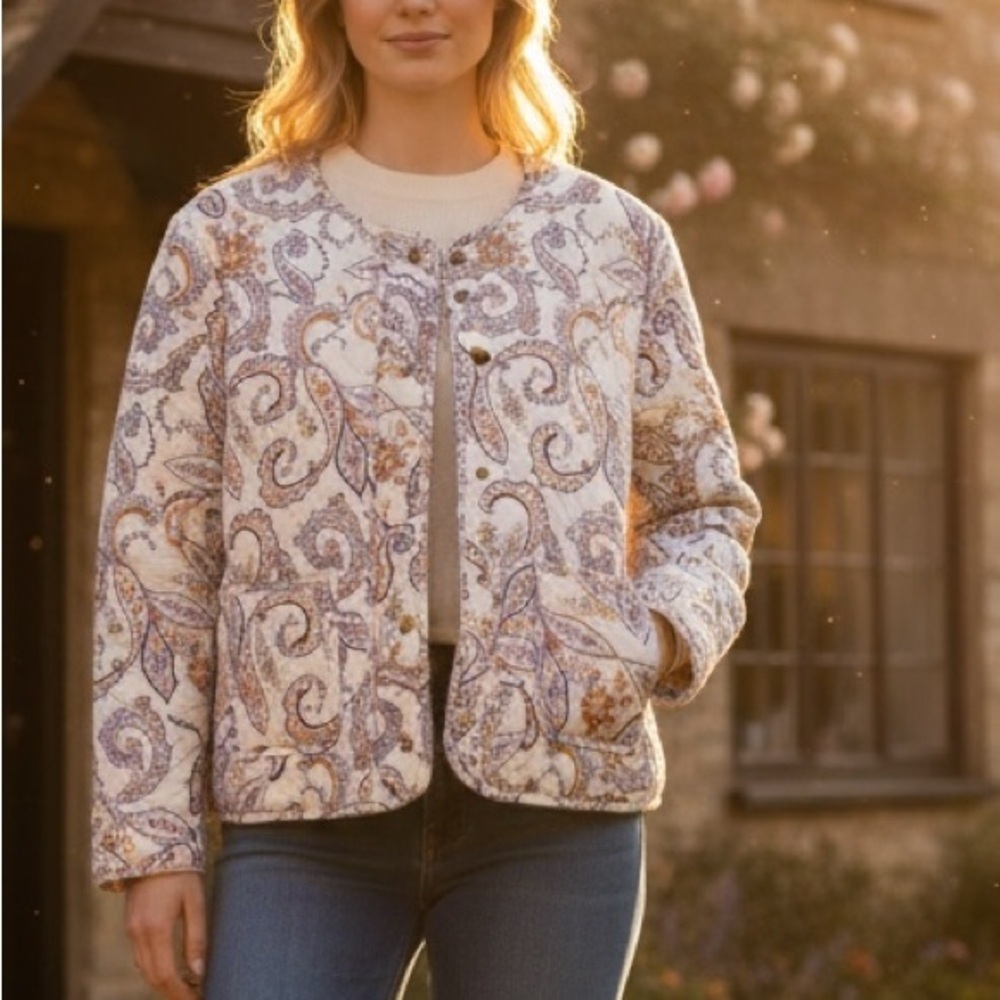 Rachel Zoe Paisley Quilted Puffer Jacket in Cream and Purple